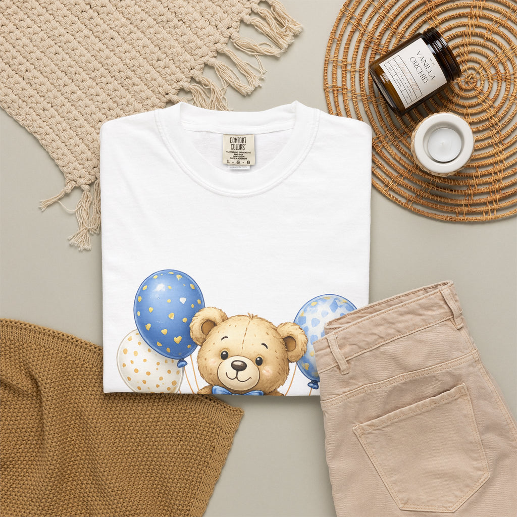 Baby Boy Congratulations T-Shirt – Cute Teddy with Blue Balloons
