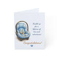 Greeting Card – "Buckle up for a lifetime of love and adventures!" New Baby Congratulations Card (Blue Car Seat)