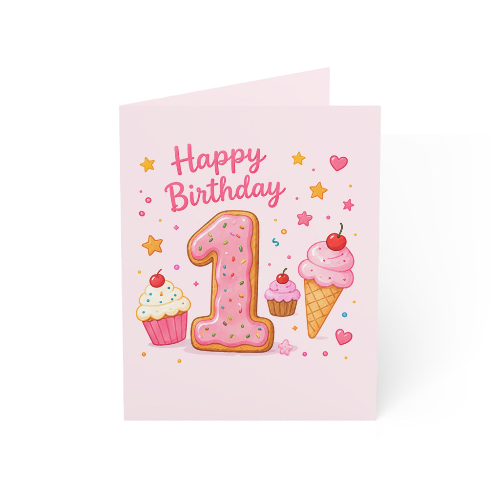 1st Birthday Greeting Card — Pink Cookie Number with Cupcakes & Ice Cream (Pack of 1, 10, 30, 50)