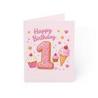 1st Birthday Greeting Card — Pink Cookie Number with Cupcakes & Ice Cream (Pack of 1, 10, 30, 50)