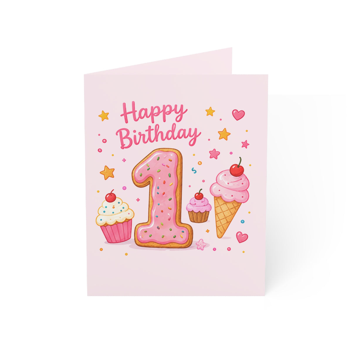 1st Birthday Greeting Card — Pink Cookie Number with Cupcakes & Ice Cream (Pack of 1, 10, 30, 50)