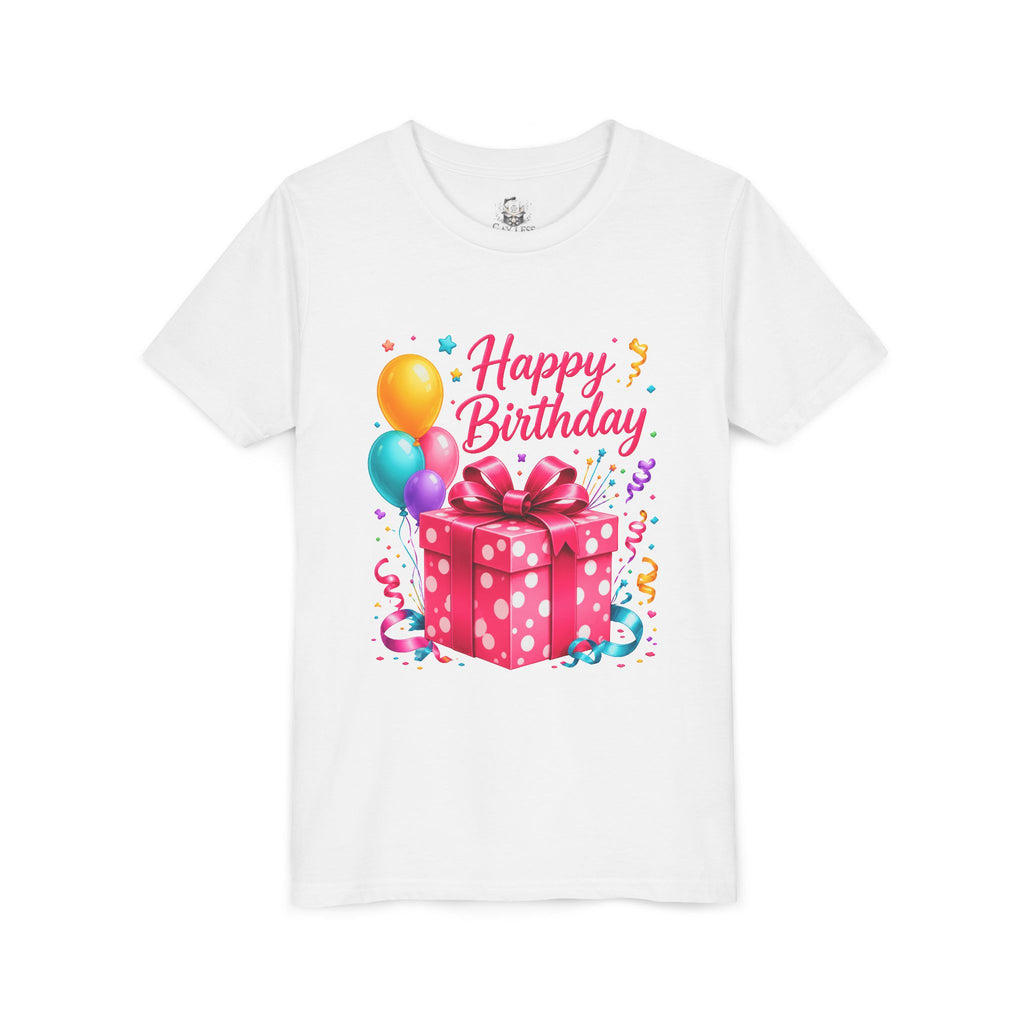 Youth Tee — "Happy Birthday" Pink Gift Box & Balloons Kids Birthday Shirt