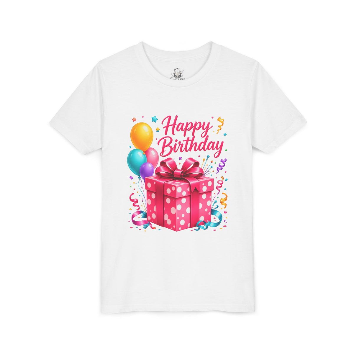 Youth Tee — "Happy Birthday" Pink Gift Box & Balloons Kids Birthday Shirt