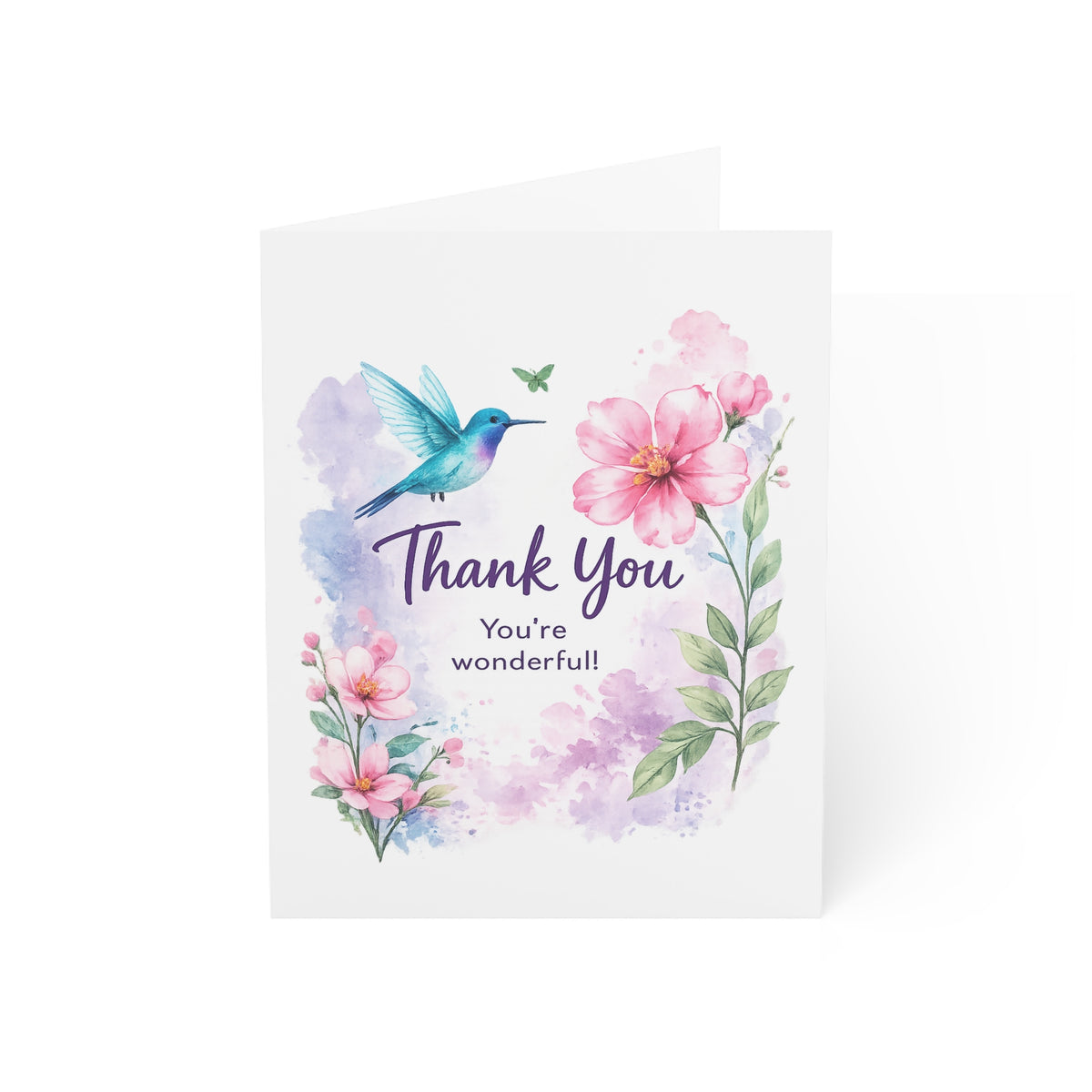 Thank You Greeting Card — Watercolor Hummingbird & Floral "You're Wonderful" Note Cards (Single or Bulk 1/10/30/50)