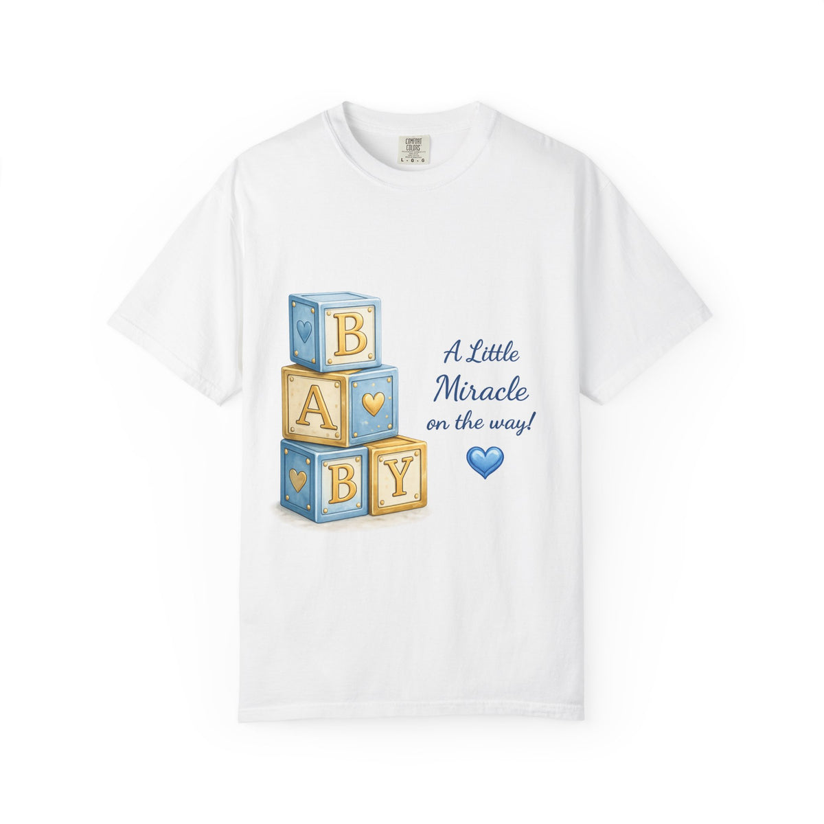 Baby Announcement T-Shirt — "A Little Miracle on the Way" Blue Blocks