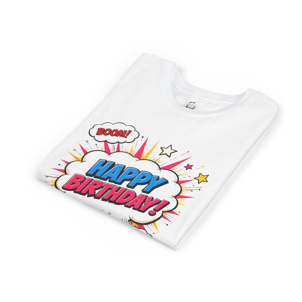 Kids Happy Birthday Comic Tee — Colorful Pop Art Party Shirt