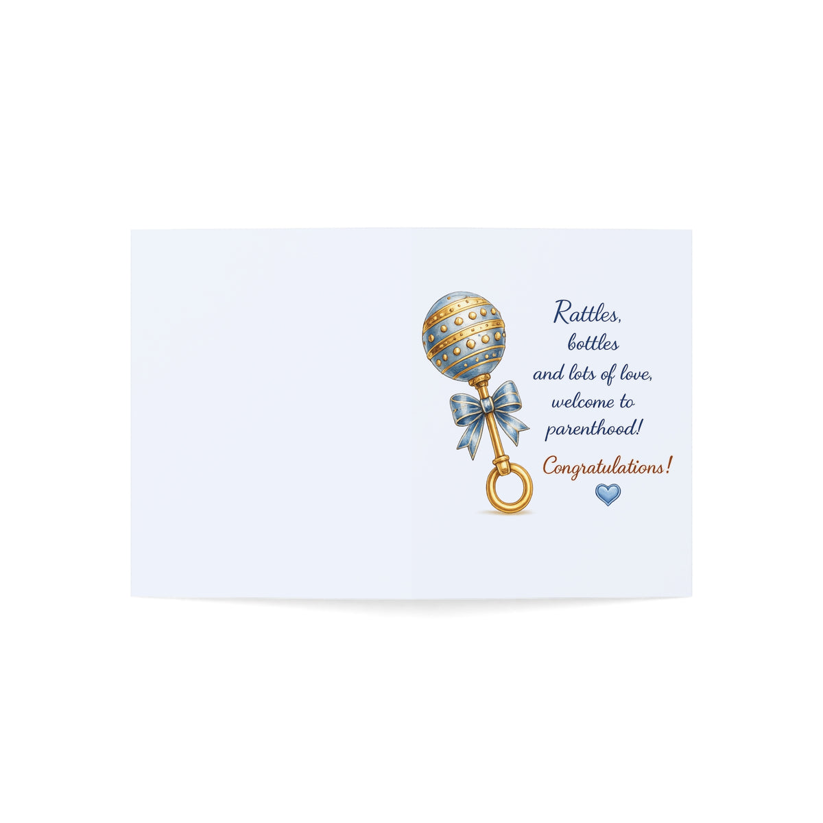 New Baby Card — "Rattles, bottles and lots of love, welcome to parenthood!" (Blank Inside)