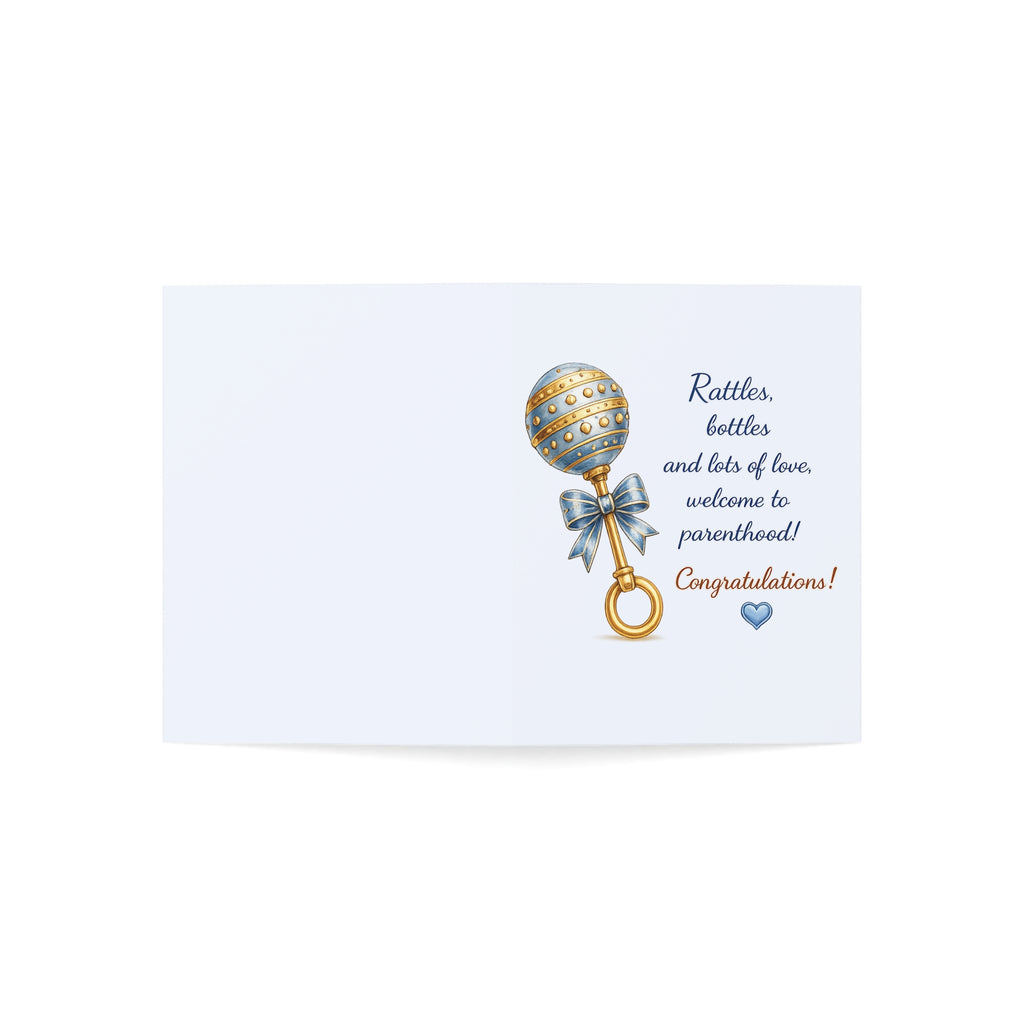 New Baby Card — "Rattles, bottles and lots of love, welcome to parenthood!" (Blank Inside)
