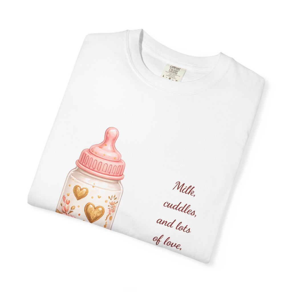 Baby Shower Congratulations T-Shirt — 'Congratulations! Milk, cuddles, and lots of love.' Baby Bottle Design