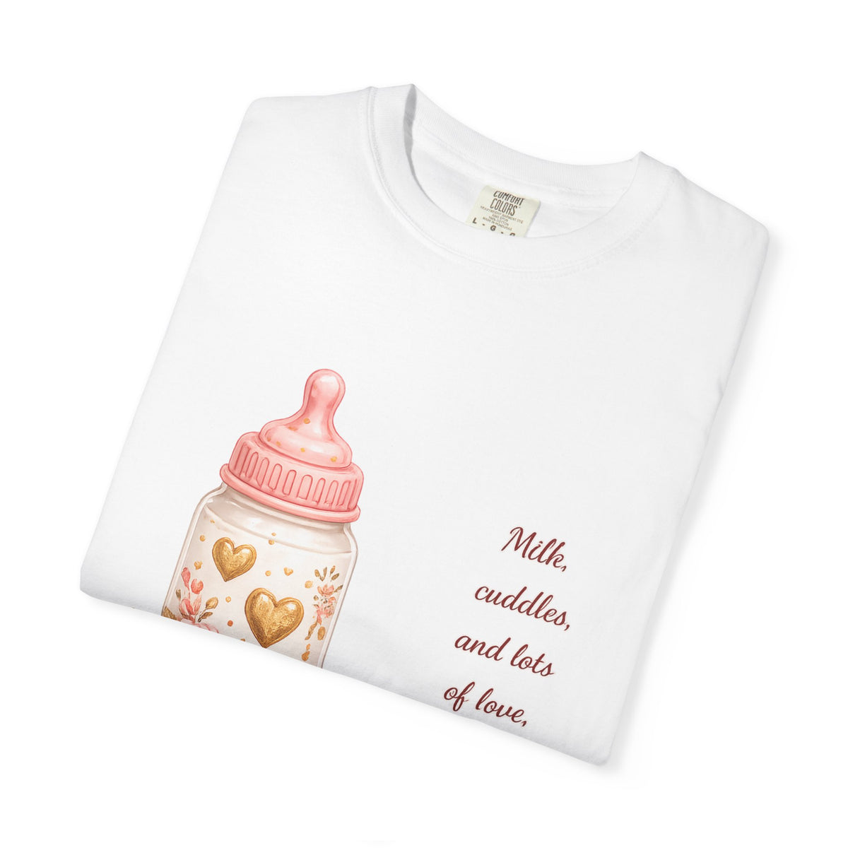 Baby Shower Congratulations T-Shirt — 'Congratulations! Milk, cuddles, and lots of love.' Baby Bottle Design
