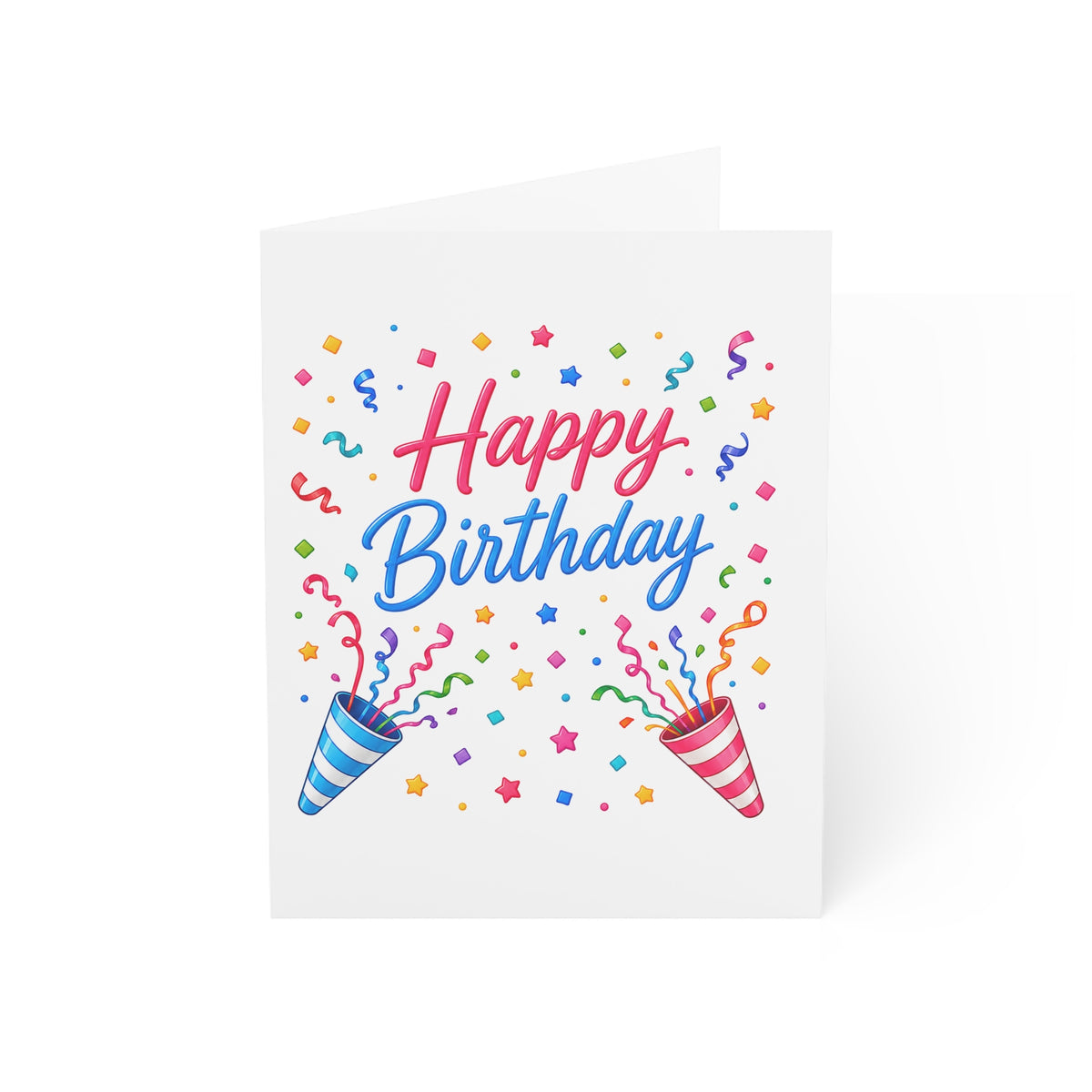 Happy Birthday Card — Colorful Confetti & Party Poppers Greeting Card (Single or Bulk Packs)