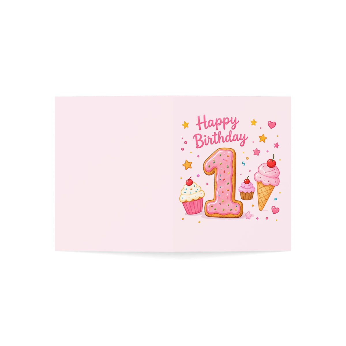 1st Birthday Greeting Card — Pink Cookie Number with Cupcakes & Ice Cream (Pack of 1, 10, 30, 50)