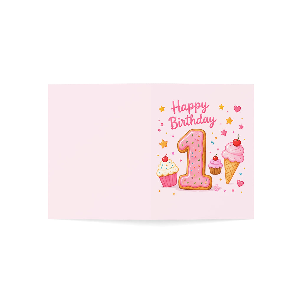 1st Birthday Greeting Card — Pink Cookie Number with Cupcakes & Ice Cream (Pack of 1, 10, 30, 50)