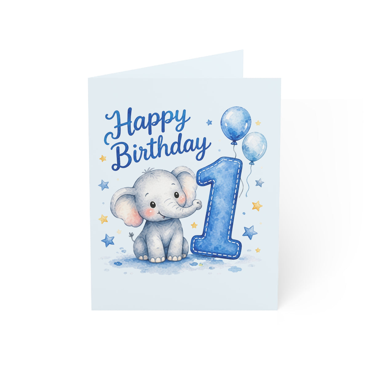 Baby 1st Birthday Greeting Card – Blue Elephant "Happy Birthday" (Single or Bulk Pack)
