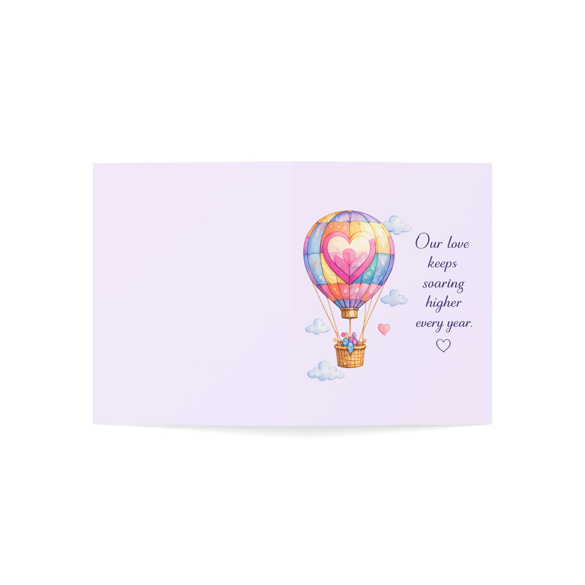 Romantic Hot Air Balloon Greeting Card — "Our love keeps soaring higher every year" (Single or Bulk Packs)