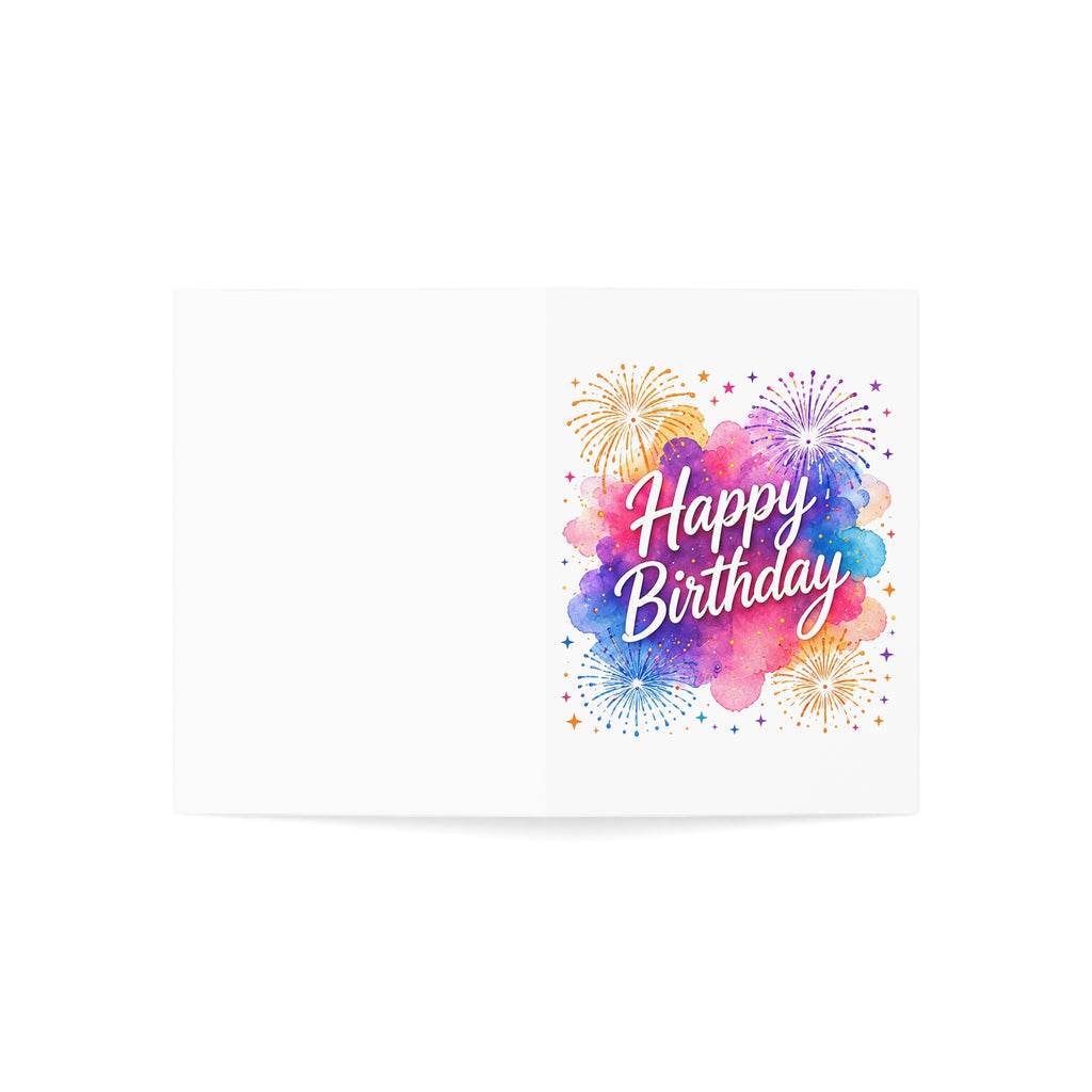 Happy Birthday Watercolor Fireworks Greeting Card — Blank Interior, Pack of 1/10/30/50