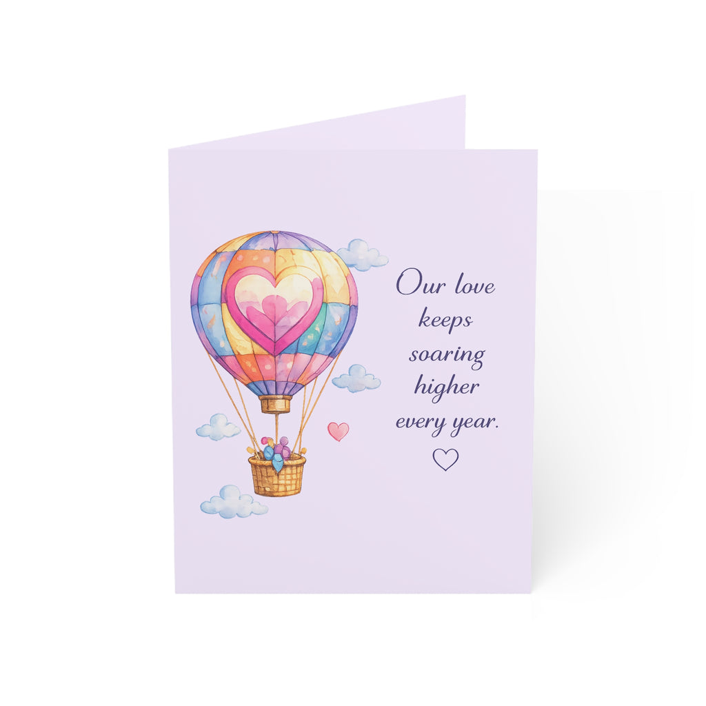 Romantic Hot Air Balloon Greeting Card — "Our love keeps soaring higher every year" (Single or Bulk Packs)
