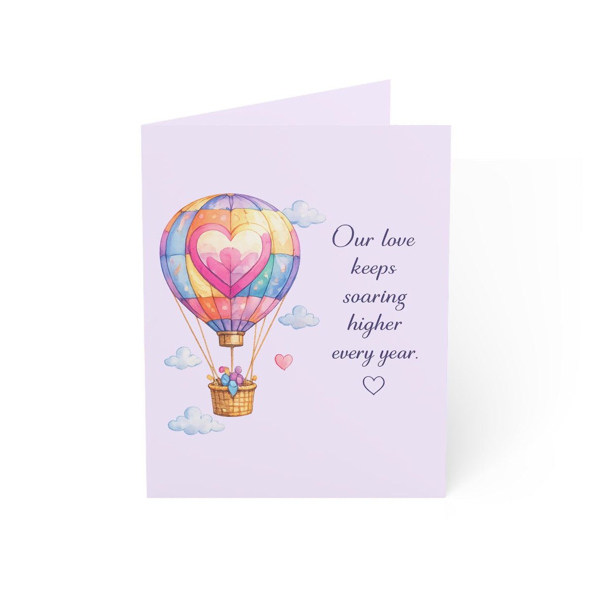 Romantic Hot Air Balloon Greeting Card — "Our love keeps soaring higher every year" (Single or Bulk Packs)