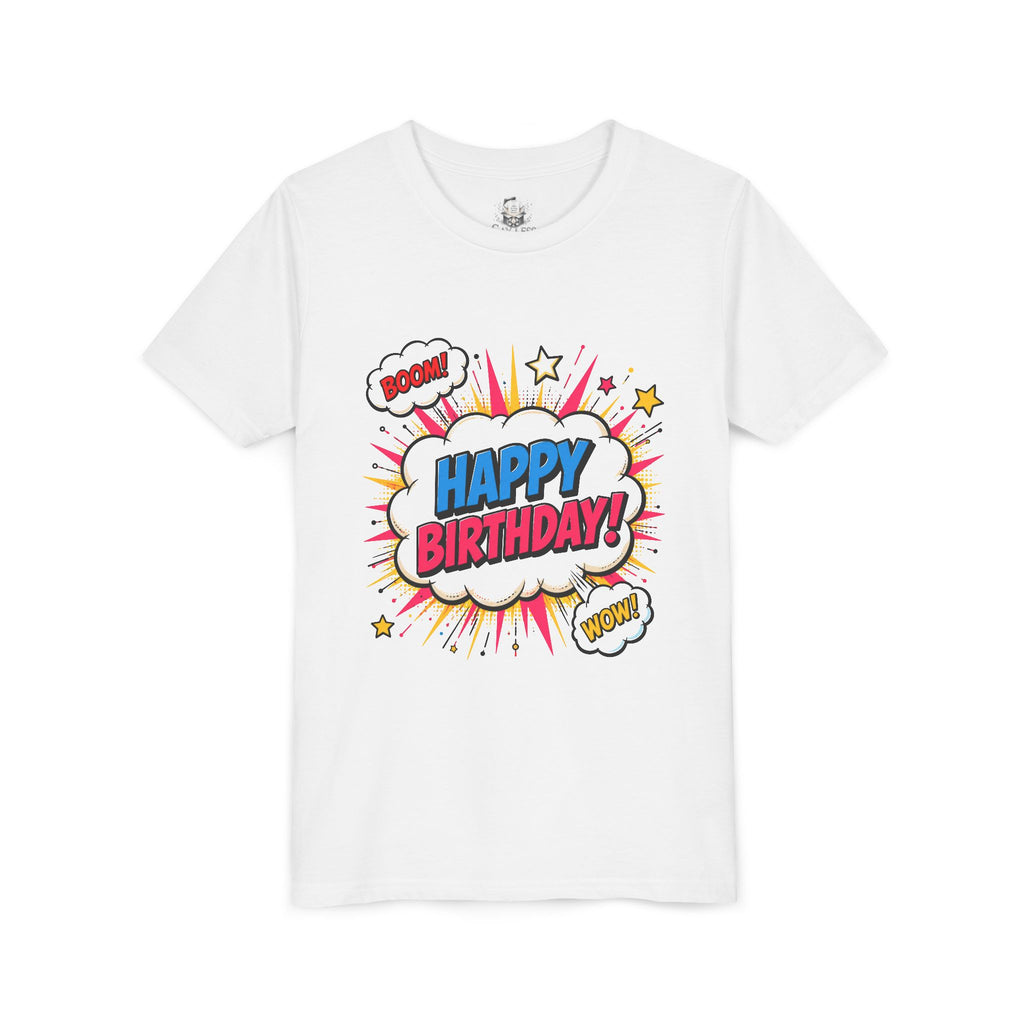 Kids Happy Birthday Comic Tee — Colorful Pop Art Party Shirt