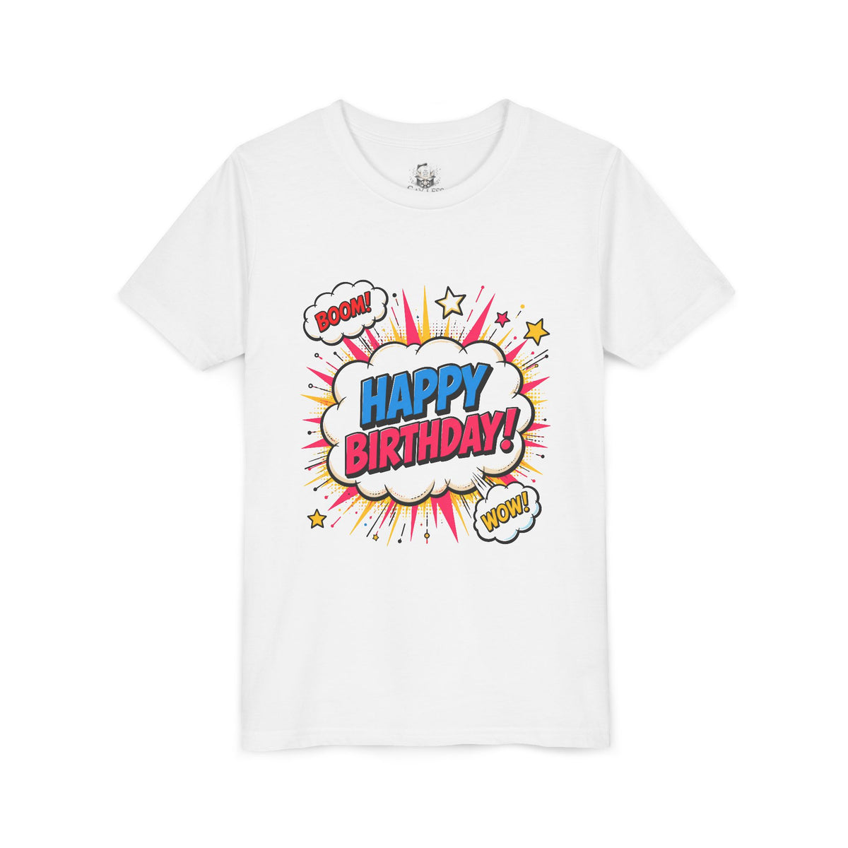 Kids Happy Birthday Comic Tee — Colorful Pop Art Party Shirt
