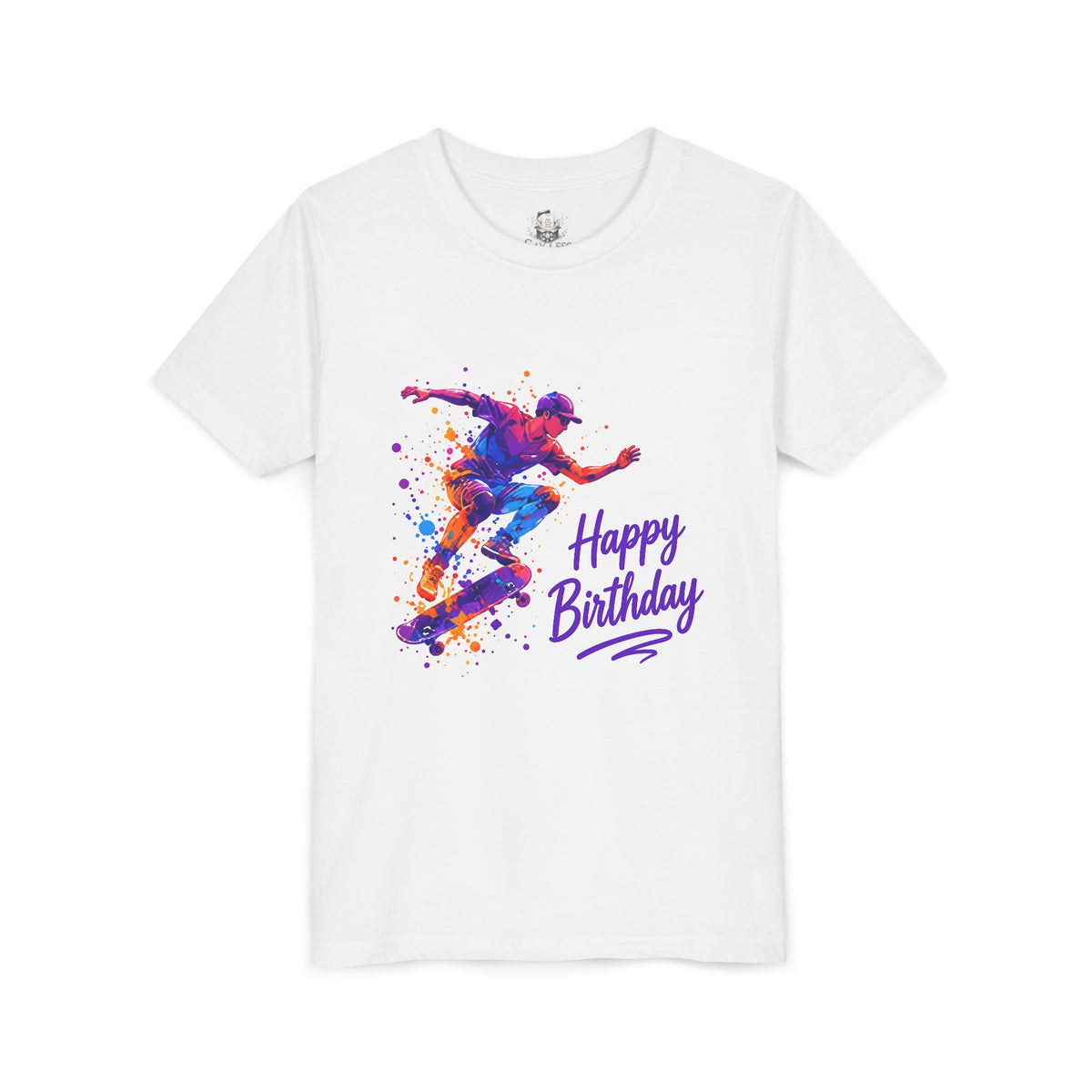 Youth Skateboard Birthday Tee – Colorful Action 'Happy Birthday' Shirt
