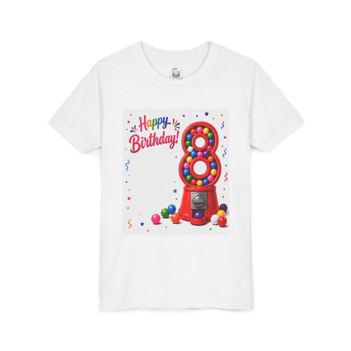 Youth Tee — Happy 8th Birthday Gumball Machine Graphic