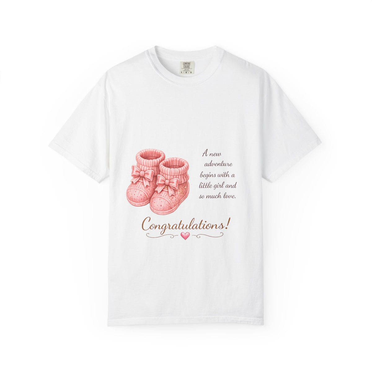 Baby Girl Announcement T-Shirt — "Congratulations! A new adventure begins with a little girl"
