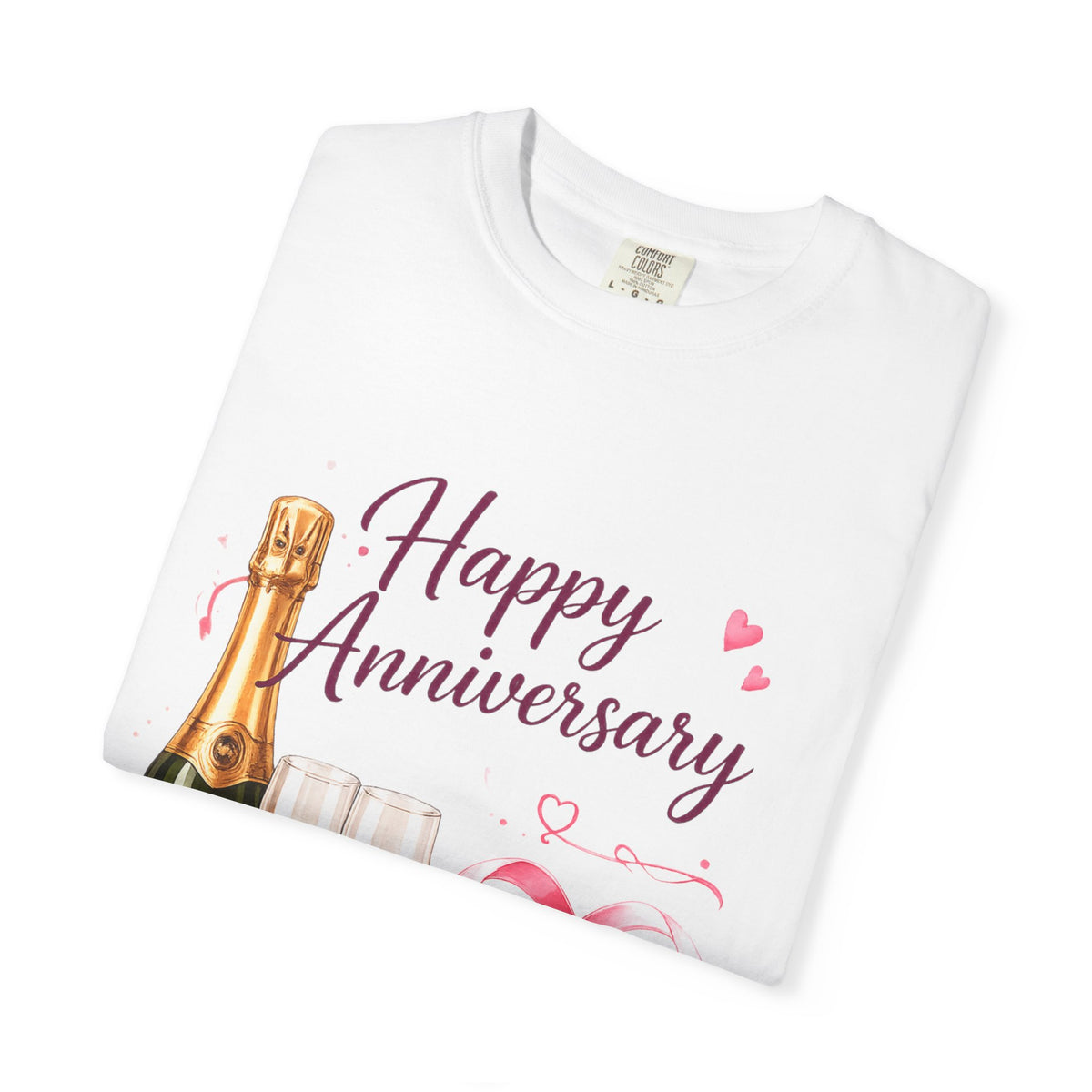 Anniversary Champagne T-Shirt — "Happy Anniversary" Floral Heart Design