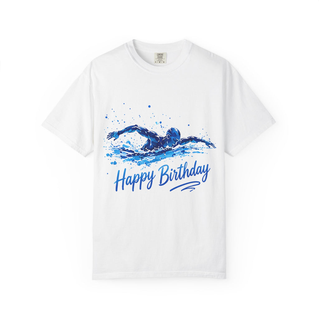 Happy Birthday Swim Adult T-Shirt — Blue Watercolor Swimmer Graphic