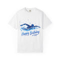 Happy Birthday Swim Adult T-Shirt — Blue Watercolor Swimmer Graphic
