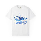 Happy Birthday Swim Adult T-Shirt — Blue Watercolor Swimmer Graphic
