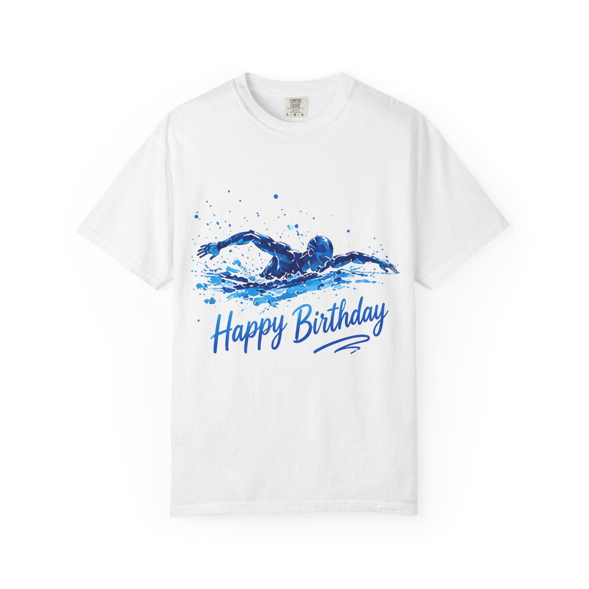 Happy Birthday Swim Adult T-Shirt — Blue Watercolor Swimmer Graphic