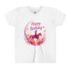 Youth Tee — 'Happy Birthday' Pink Horse Riding Watercolor