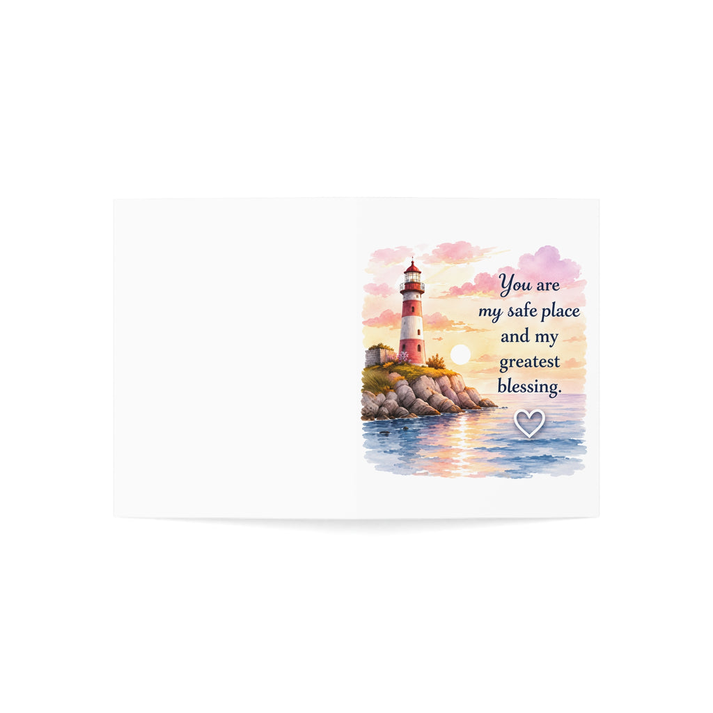 Lighthouse Blessing Anniversary Greeting Card — "You are my safe place and my greatest blessing" (Blank Inside)