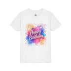 Youth Tee - Colorful 'Happy Birthday' Watercolor Fireworks Design