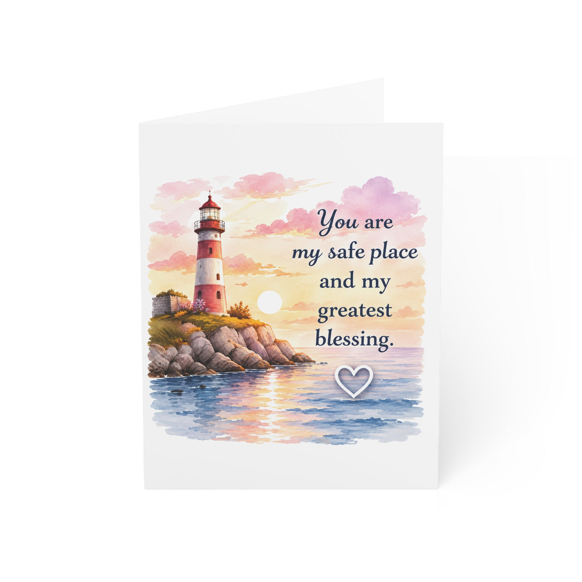 Lighthouse Blessing Anniversary Greeting Card — "You are my safe place and my greatest blessing" (Blank Inside)