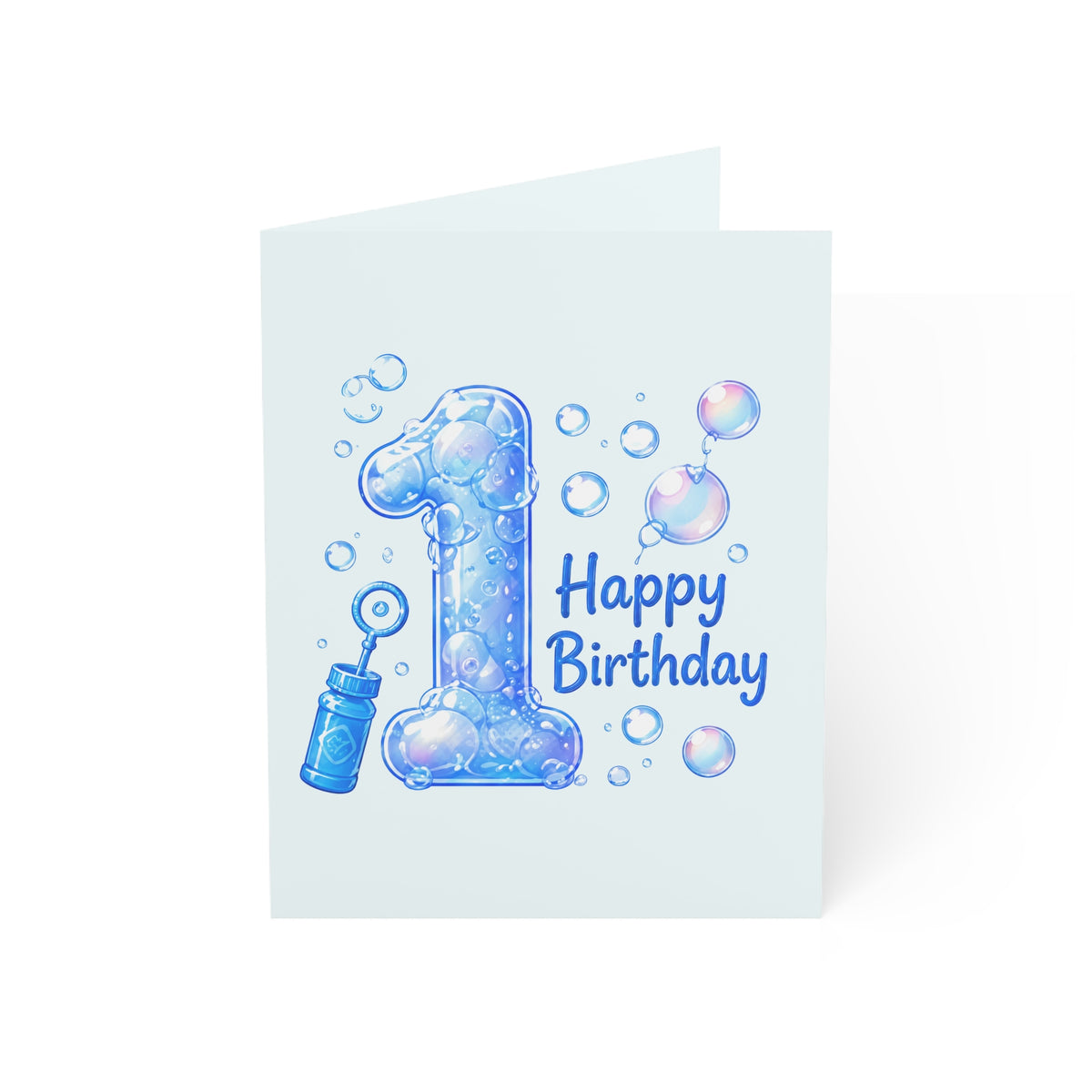 1st Birthday Bubble Number Greeting Card — Blue "Happy Birthday" Kids Card (1/10/30/50 pcs)