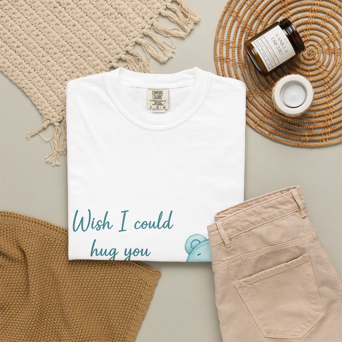 T-Shirt — Cute Blue Teddy Holding Heart with "Wish I Could Hug You Right Now"