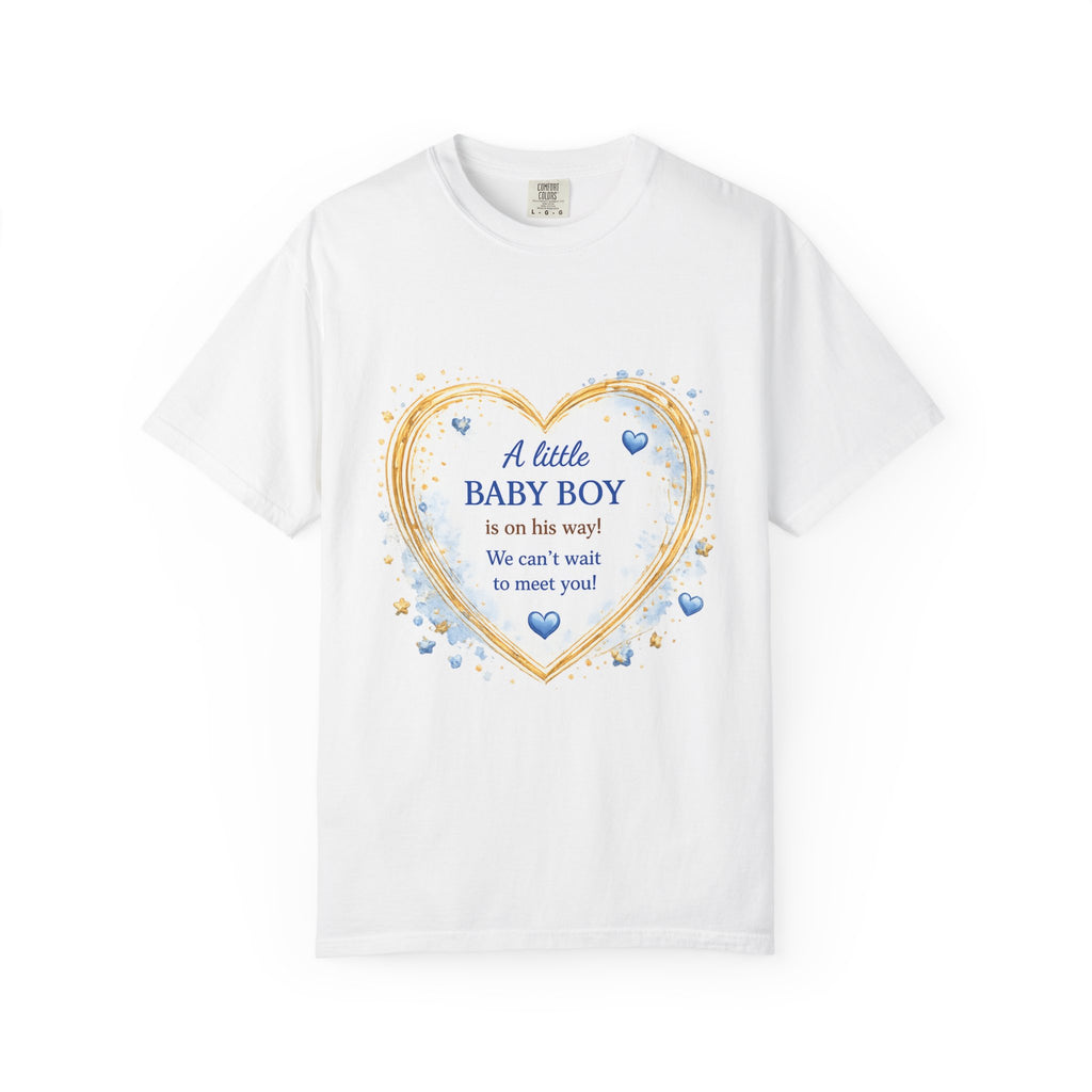 Baby Boy Announcement T-Shirt — "A Little Baby Boy Is On His Way" Pregnancy Reveal Tee