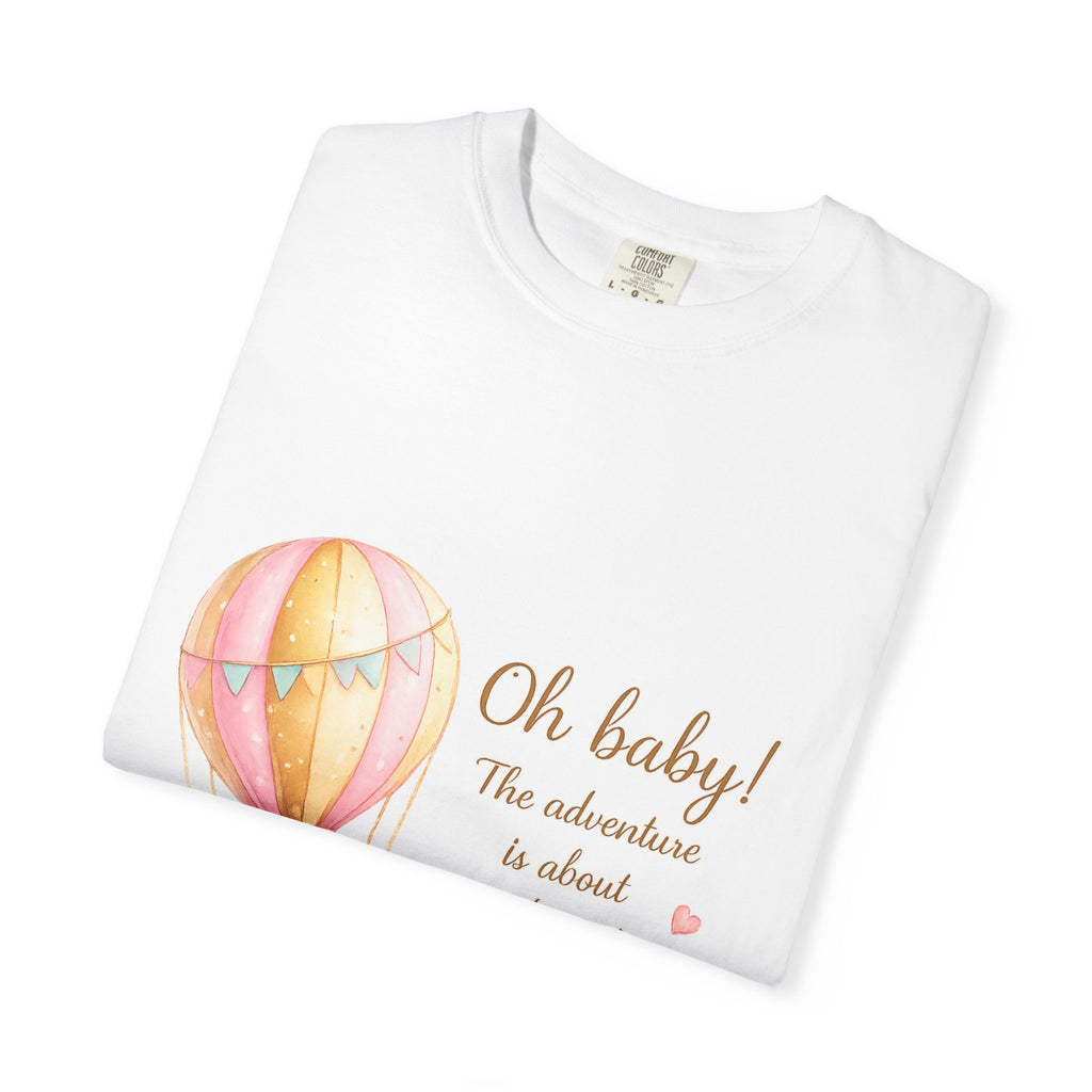 Baby Shower T-Shirt — “Oh baby! The adventure is about to begin!” Hot Air Balloon Design