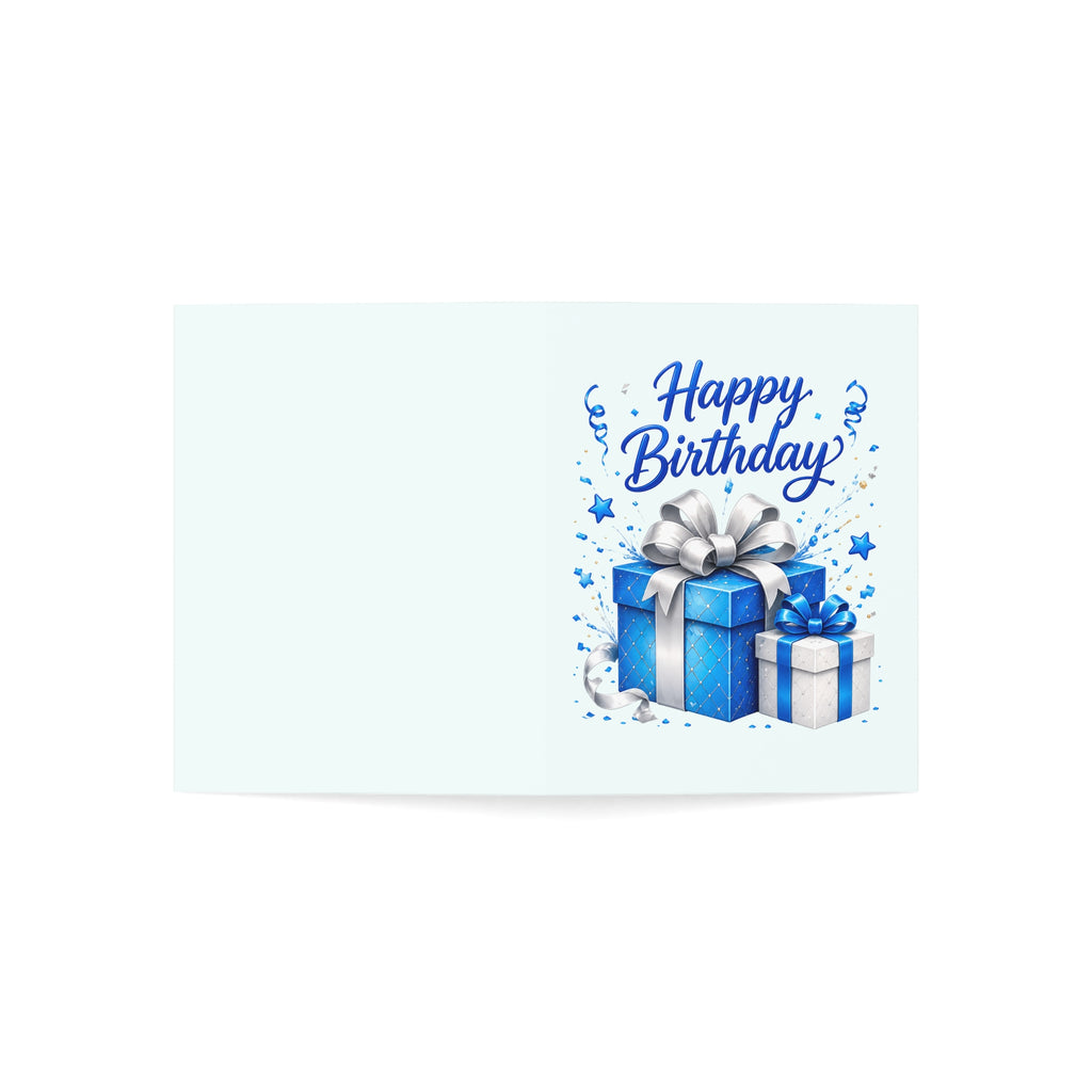 Birthday Greeting Card – Blue Presents "Happy Birthday" (Single or Bulk 1/10/30/50 pcs)