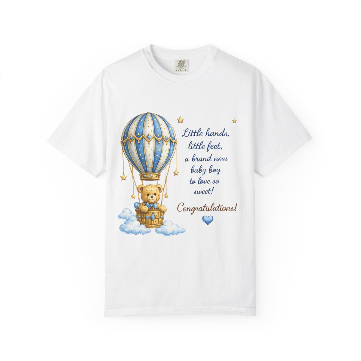 Baby Boy Congratulations T-Shirt — Hot Air Balloon Teddy "Little hands, little feet…"