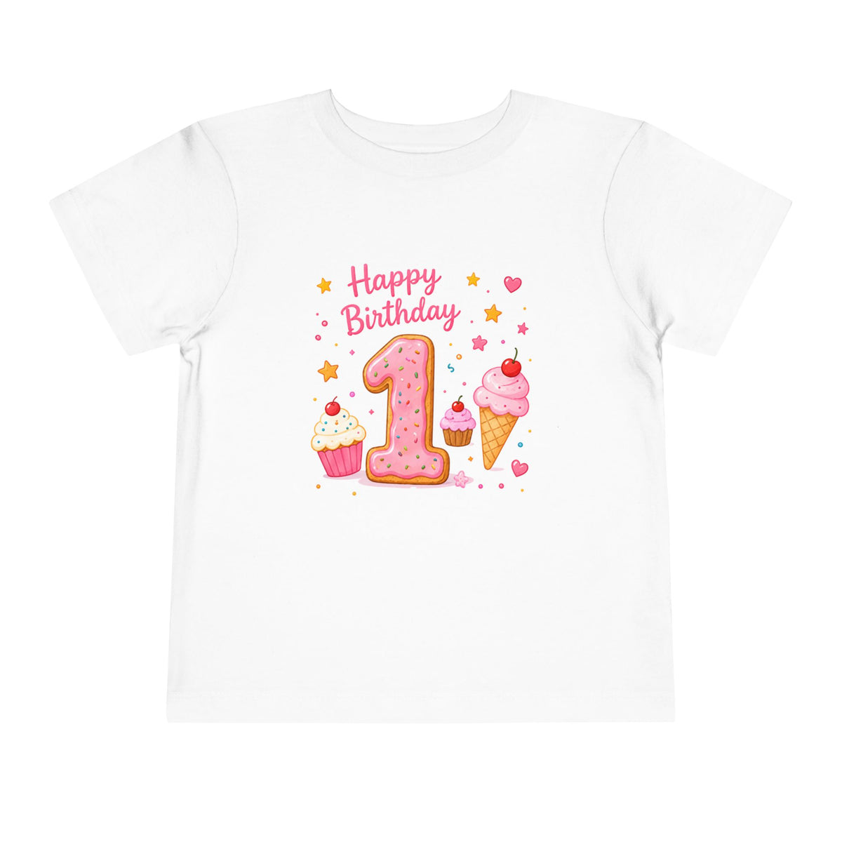 1st Birthday Toddler Tee — "Happy Birthday" Pink Cookie Number 1 with Cupcakes & Ice Cream