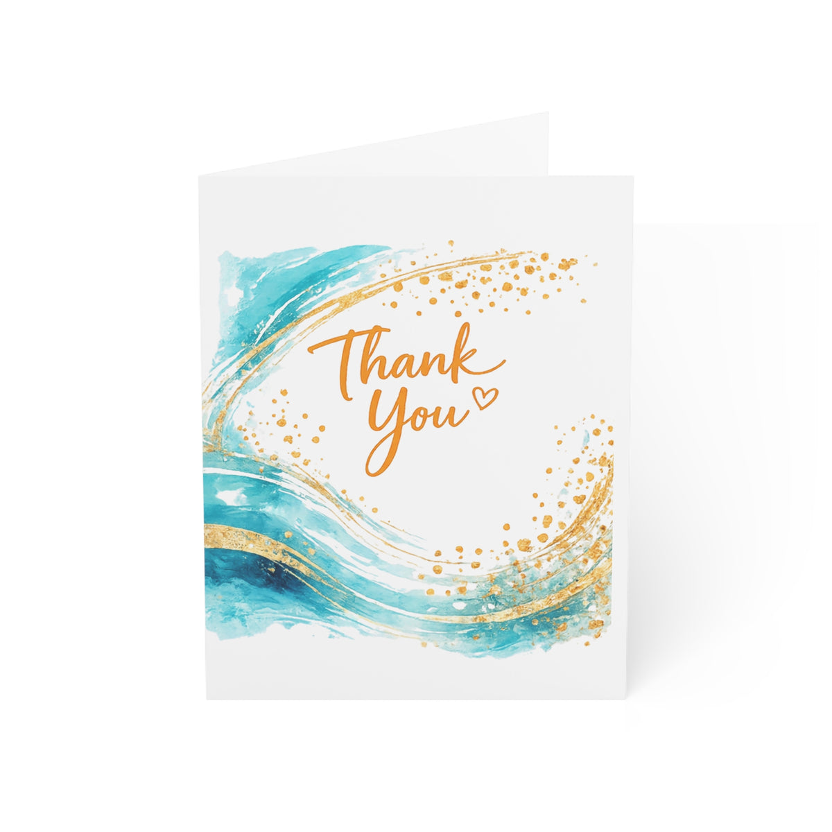 Thank You Greeting Card – Gold Script & Aqua Watercolor (Single or Pack of 10/30/50)