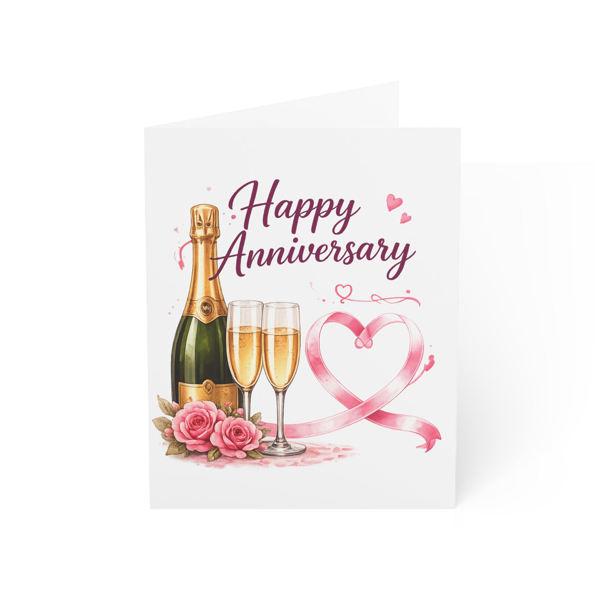 Happy Anniversary Greeting Card — Champagne & Heart Design (Single or Bulk Packs)