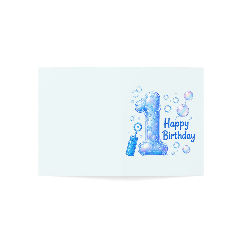 1st Birthday Bubble Number Greeting Card — Blue "Happy Birthday" Kids Card (1/10/30/50 pcs)
