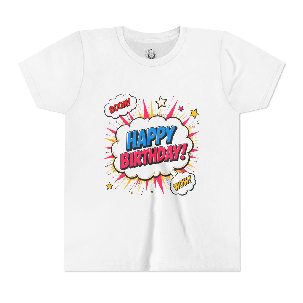 Kids Happy Birthday Comic Tee — Colorful Pop Art Party Shirt