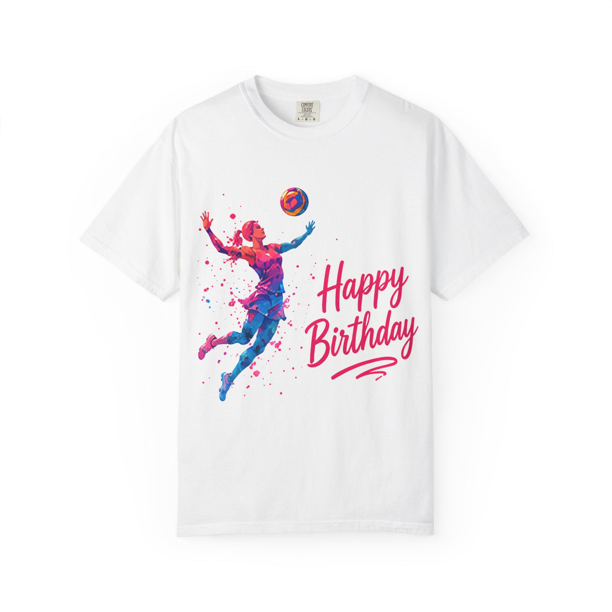 Happy Birthday Volleyball Player Adult T-Shirt — Colorful Watercolor Sport Birthday Tee