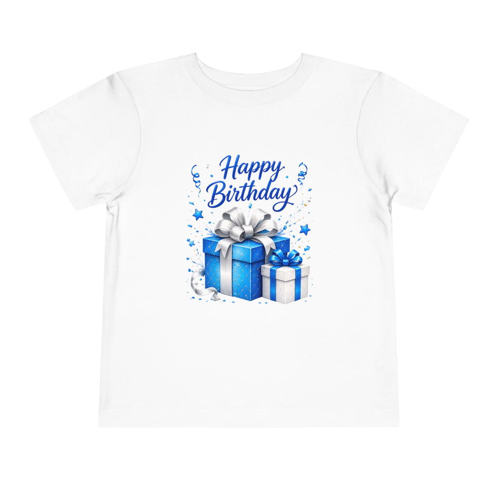 Happy Birthday Toddler Tee — Blue Gift Birthday Boxes Birthday Shirt