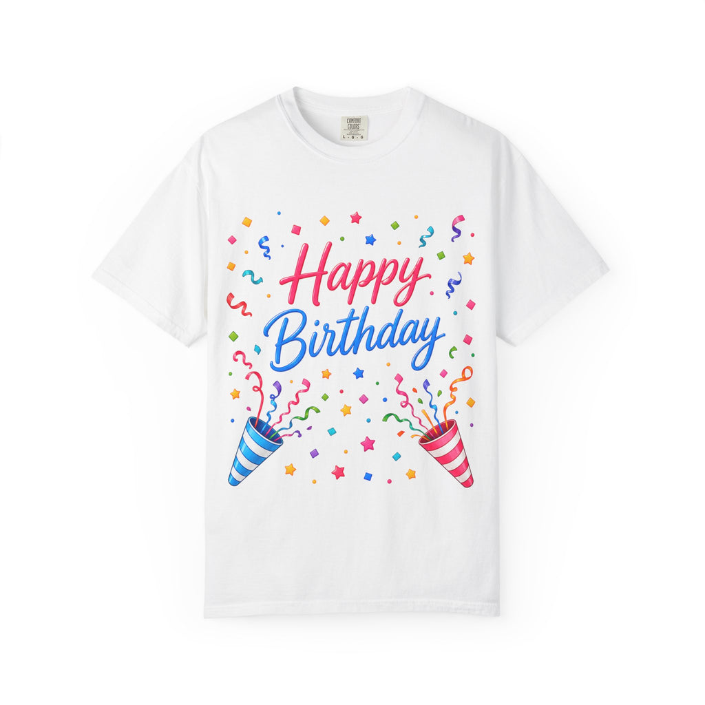 Happy Birthday Party Adult T-Shirt — Colorful Confetti & Poppers Tee
